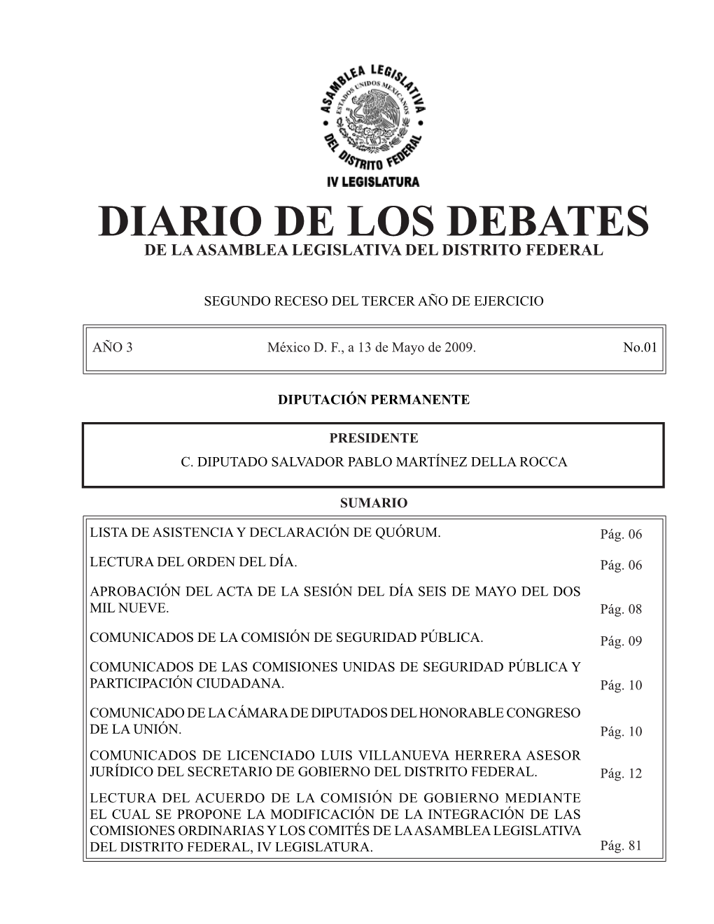 Diario De Los Debates De La Asamblea Legislativa Del Distrito Federal