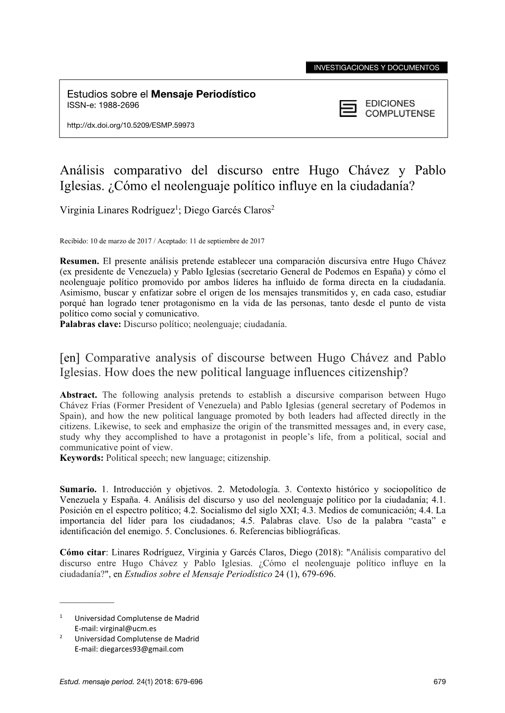 Análisis Comparativo Del Discurso Entre Hugo Chávez Y Pablo Iglesias