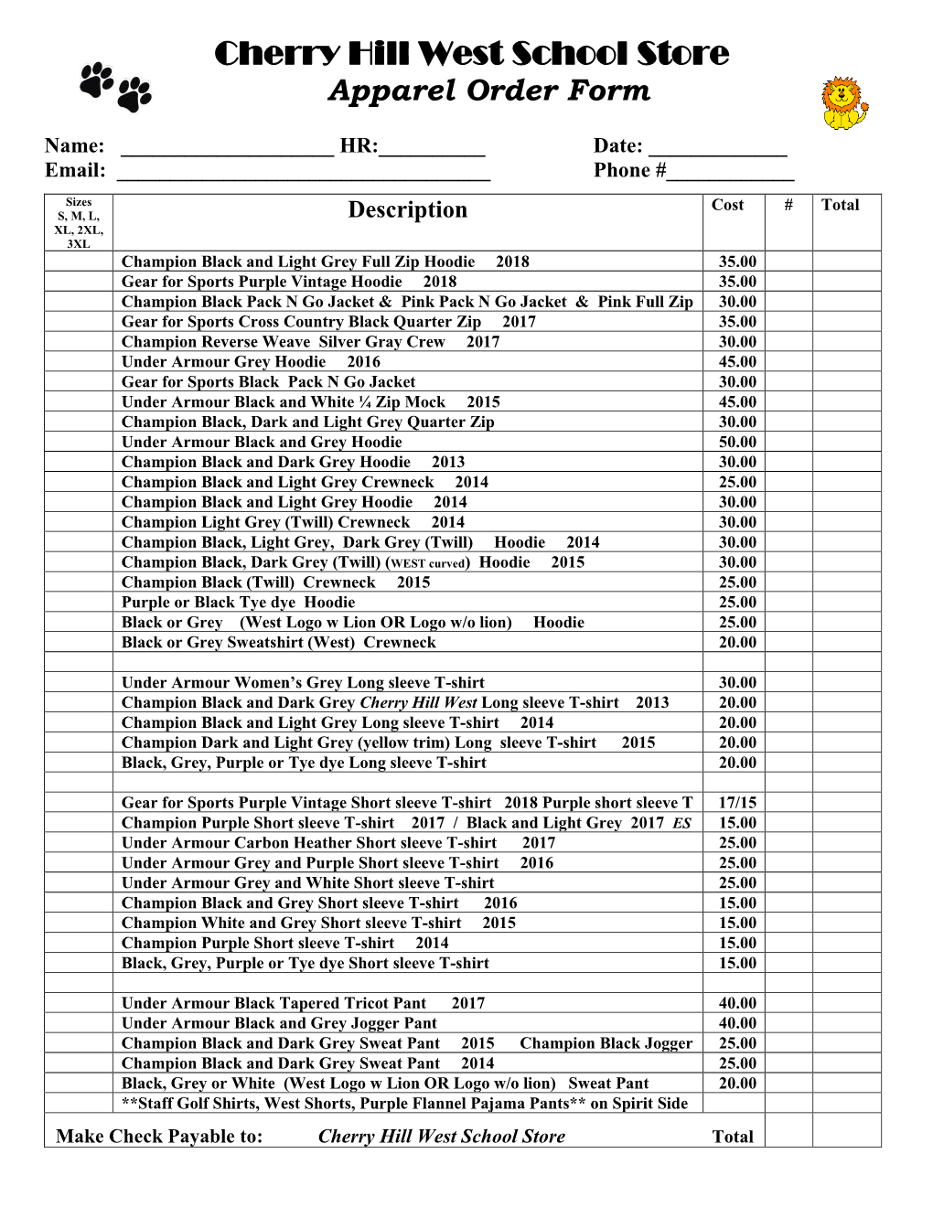 West Apparel Order Form