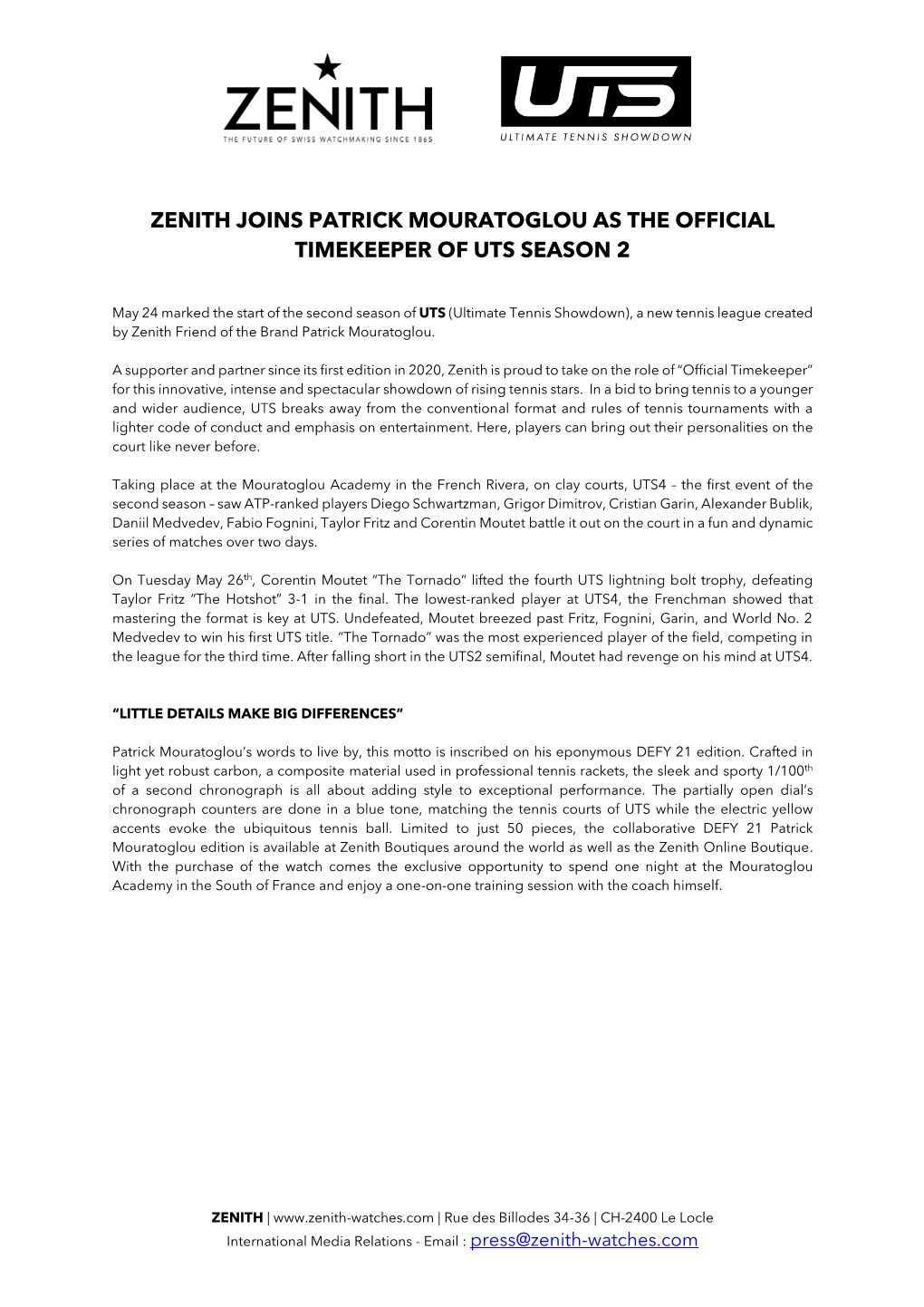 Zenith Joins Patrick Mouratoglou As the Official Timekeeper of Uts Season 2