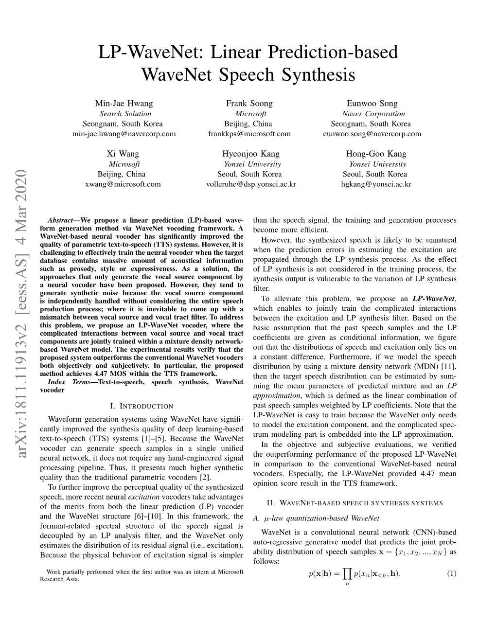 Linear Prediction-Based Wavenet Speech Synthesis