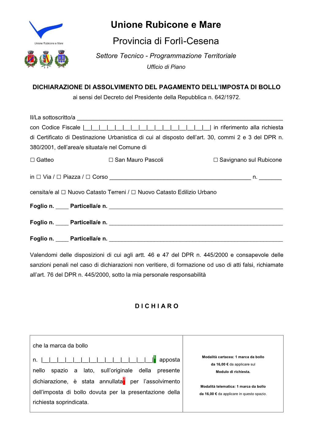 Unione Rubicone E Mare Provincia Di Forlì-Cesena Settore Tecnico - Programmazione Territoriale Ufficio Di Piano