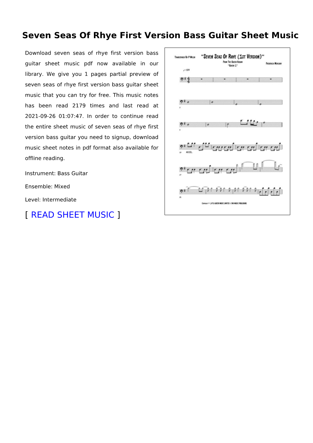 Seven Seas of Rhye First Version Bass Guitar Sheet Music