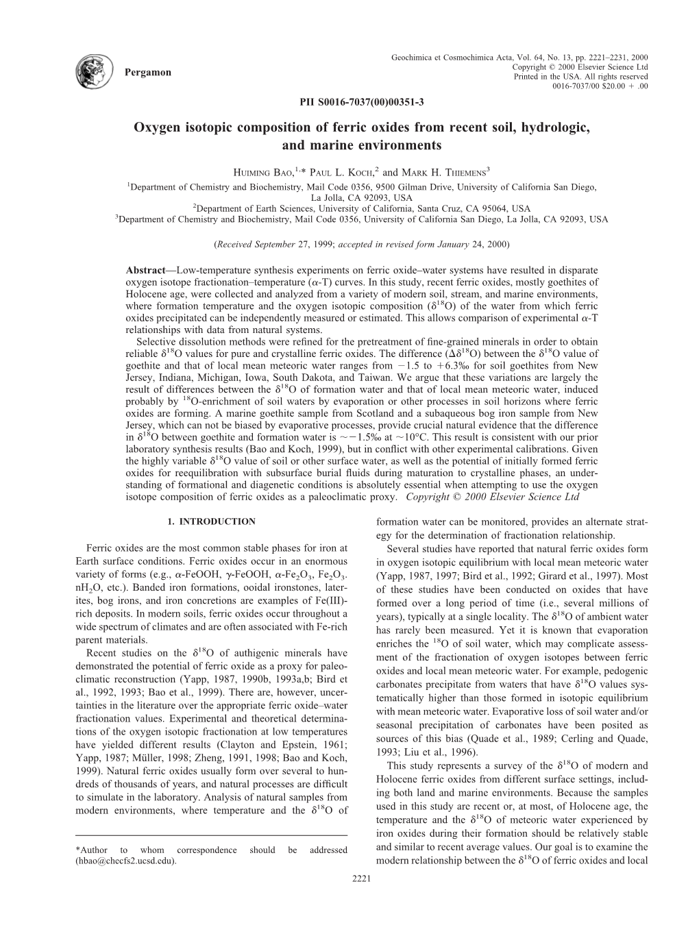 Oxygen Isotopic Composition of Ferric Oxides from Recent Soil, Hydrologic, and Marine Environments