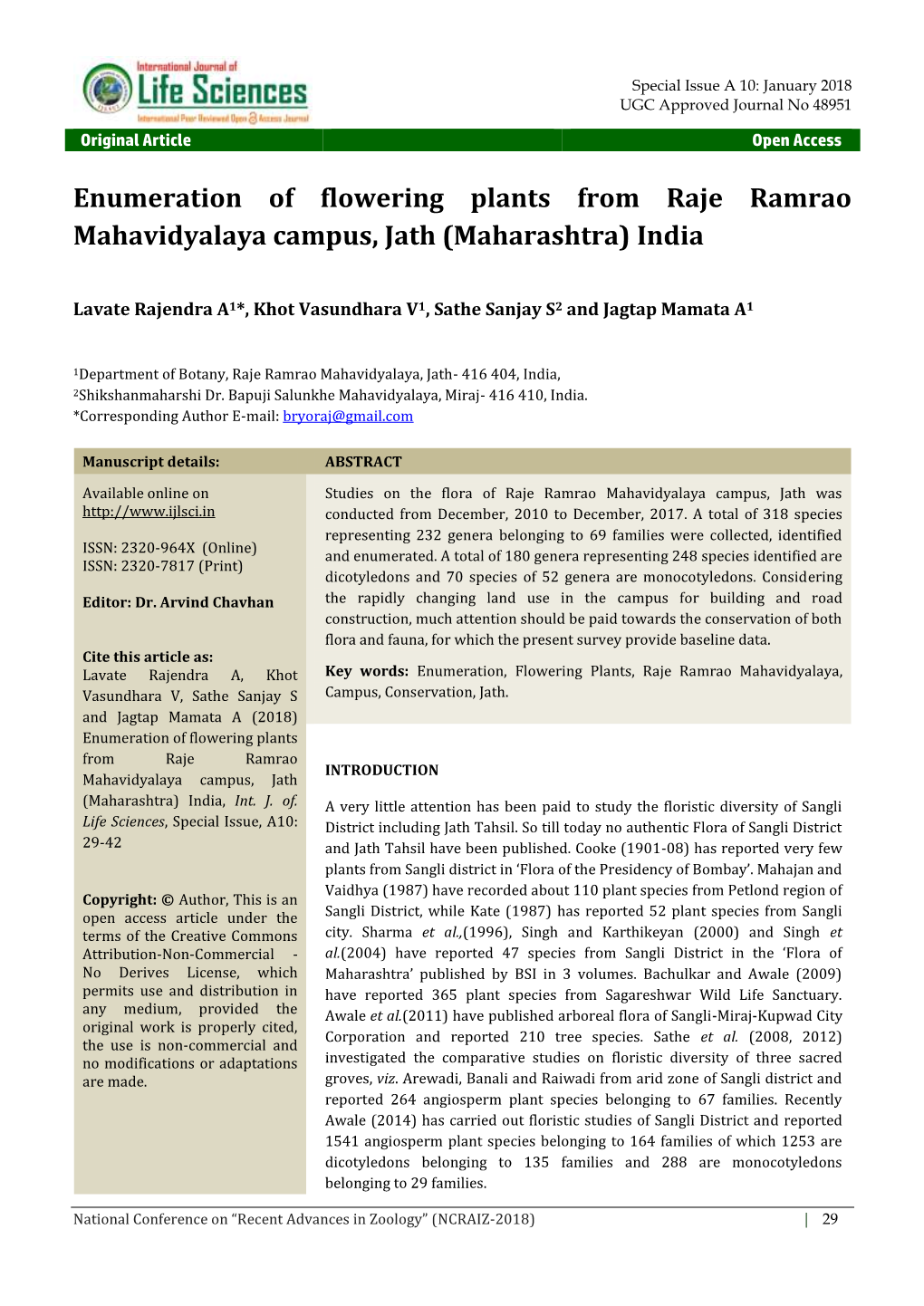 Enumeration of Flowering Plants from Raje Ramrao Mahavidyalaya Campus, Jath (Maharashtra) India