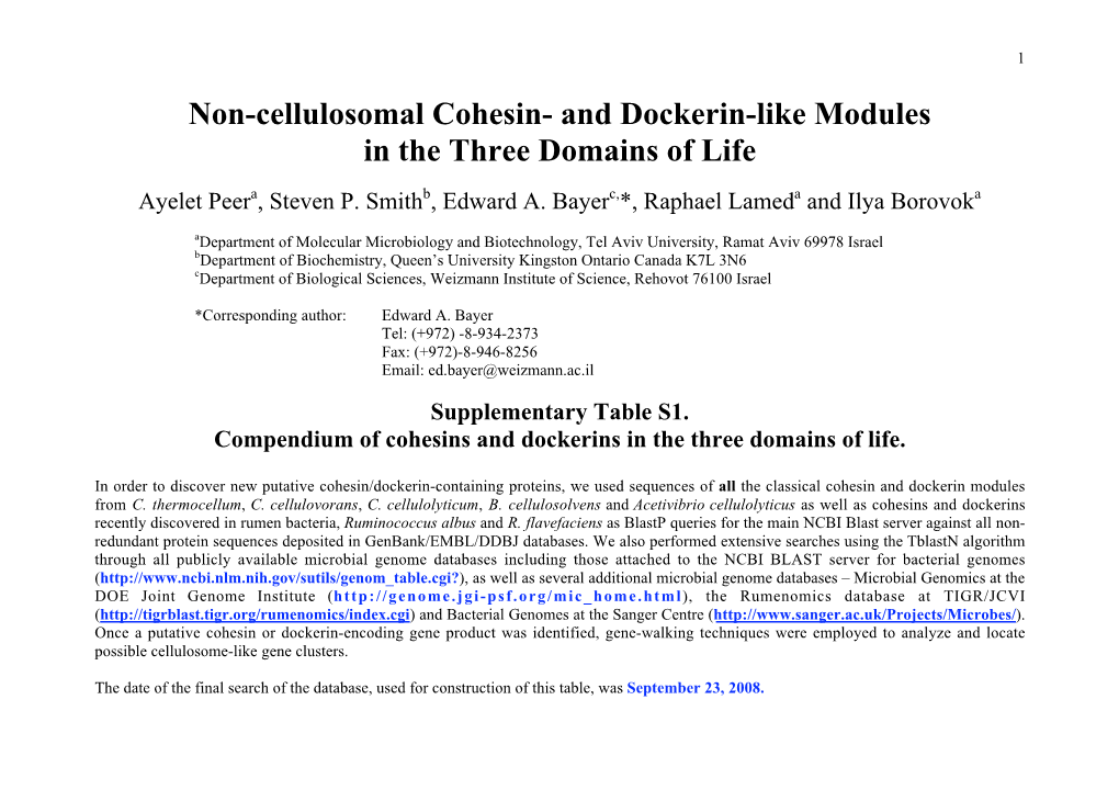 Non-Cellulosomal Cohesin- and Dockerin-Like Modules in the Three Domains of Life Ayelet Peera, Steven P