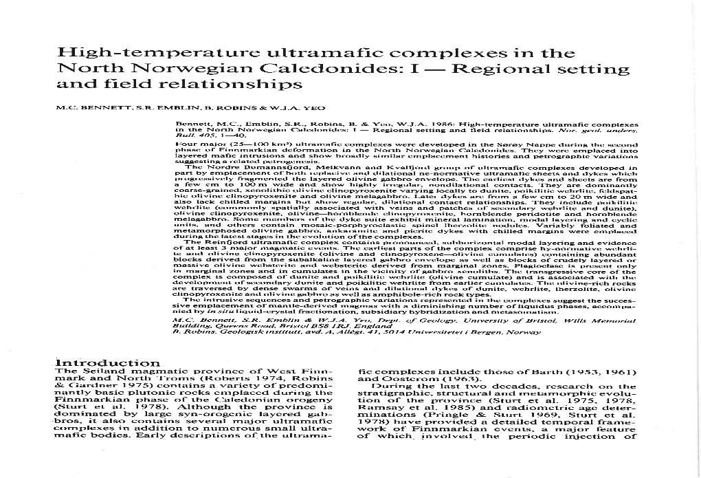 High-Temperature Ultramafic Complexes in the North Norwegian Caledonides: I - Regional Setting and Field Relationships