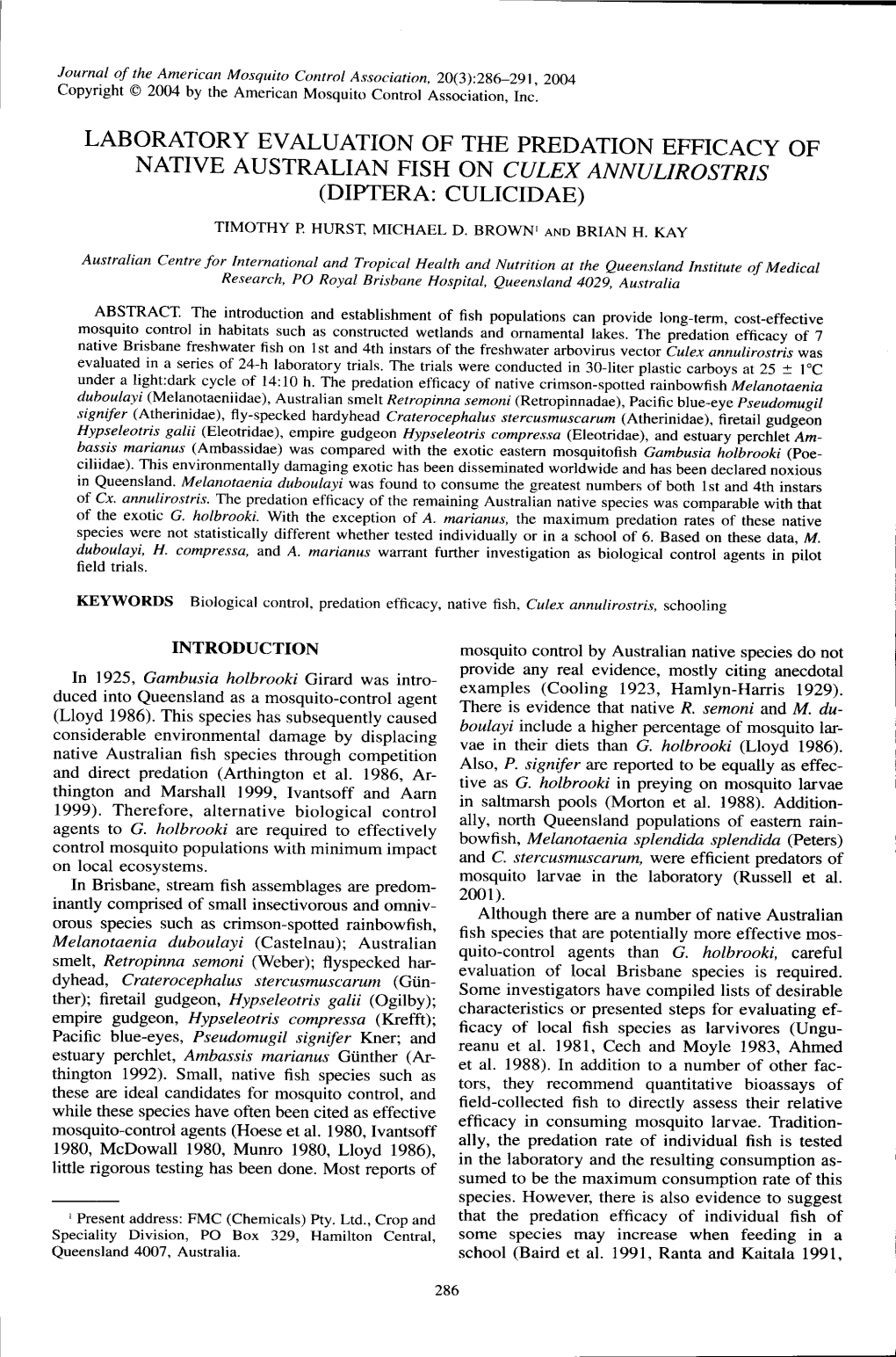 Laboratory Evaluation of the Predation Efficacy of Native Australian Fish on Culex Annulirostris (Diptera: Culicidae)