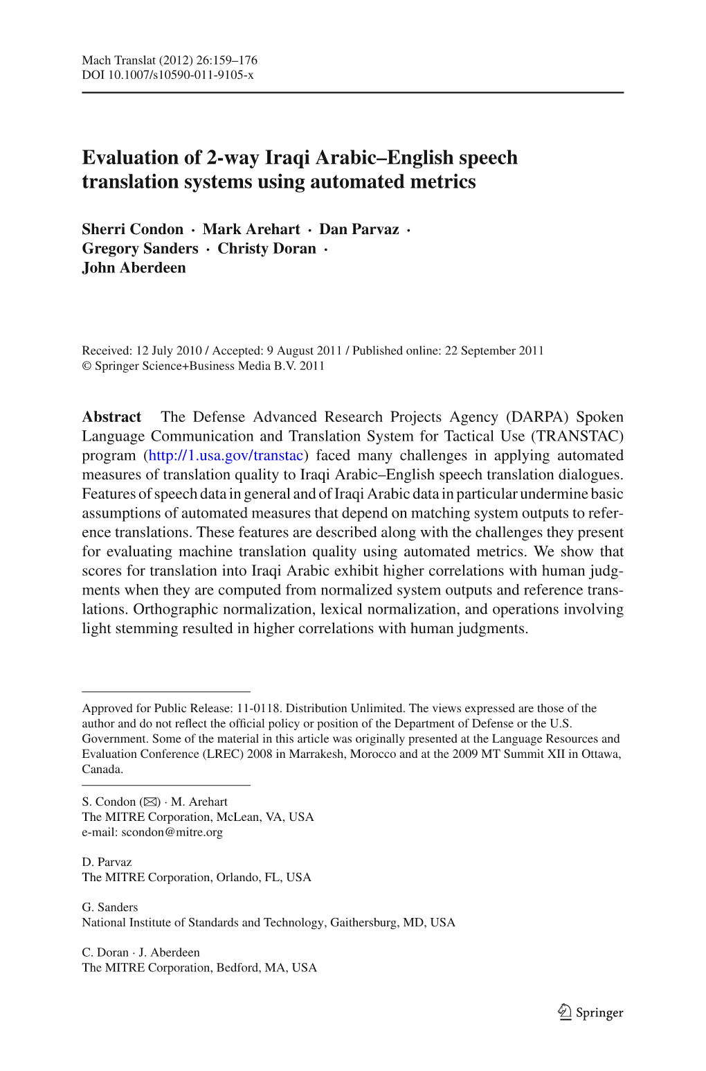 Evaluation of 2-Way Iraqi Arabic–English Speech Translation Systems Using Automated Metrics