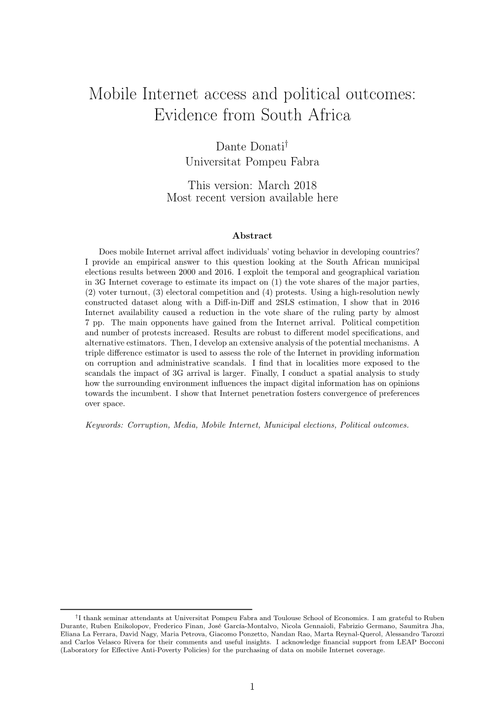 Mobile Internet Access and Political Outcomes: Evidence from South Africa