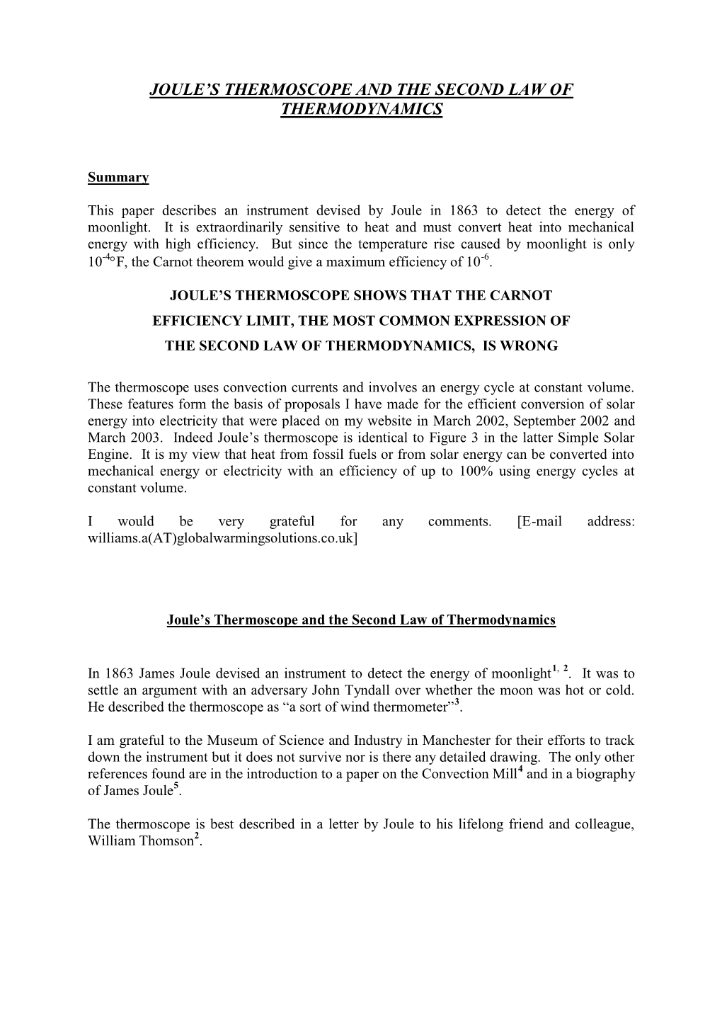 Joule's Thermoscope and the Second Law of Thermodynamics