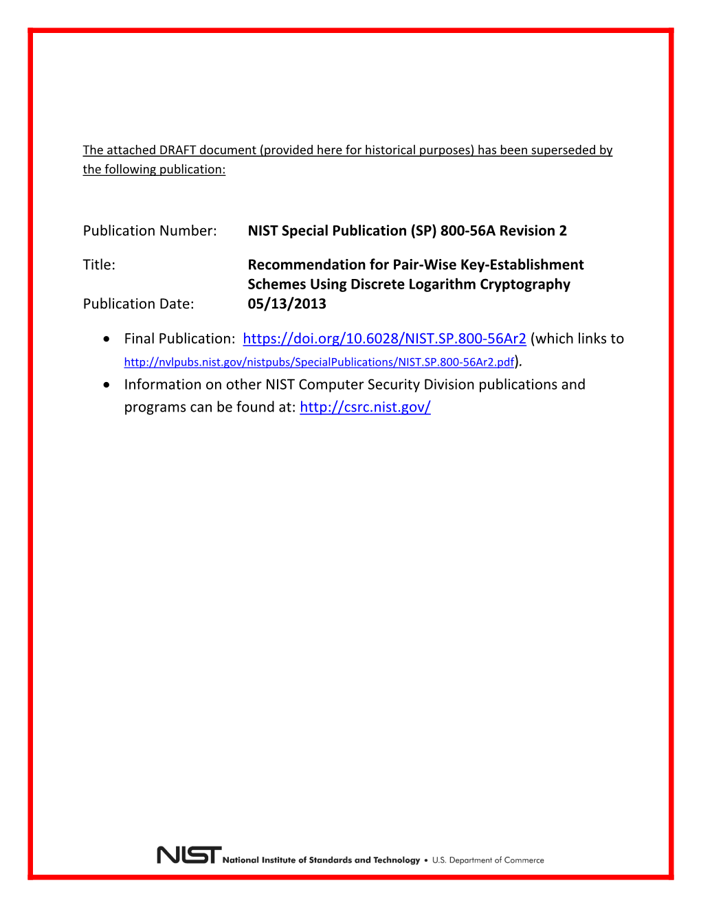 DRAFT Special Publication 800-56A, Recommendation for Pair-Wise Key