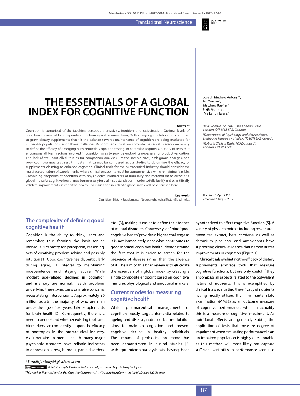 The Essentials of a Global Index for Cognitive Function