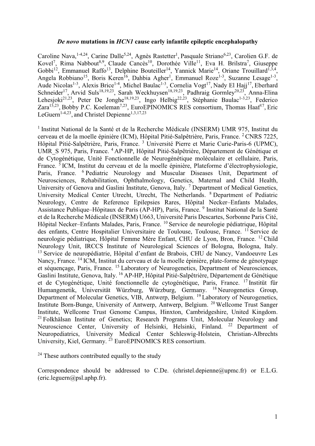 1 De Novo Mutations in HCN1 Cause Early Infantile Epileptic