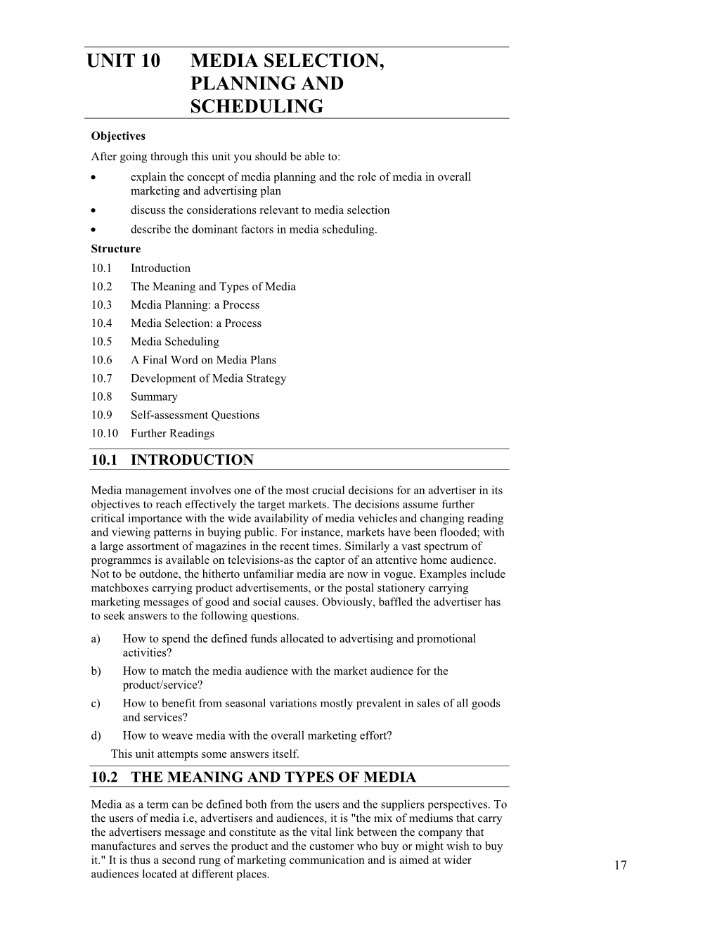 Unit 10 Media Selection, Planning and Scheduling