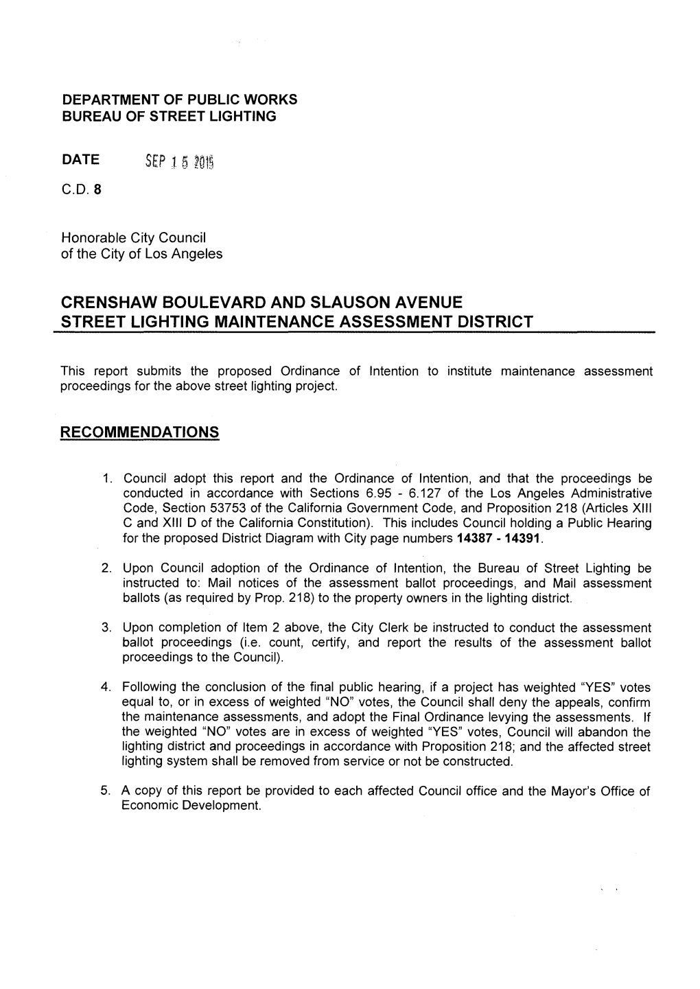 Crenshaw Boulevard and Slauson Avenue Street Lighting Maintenance Assessment District