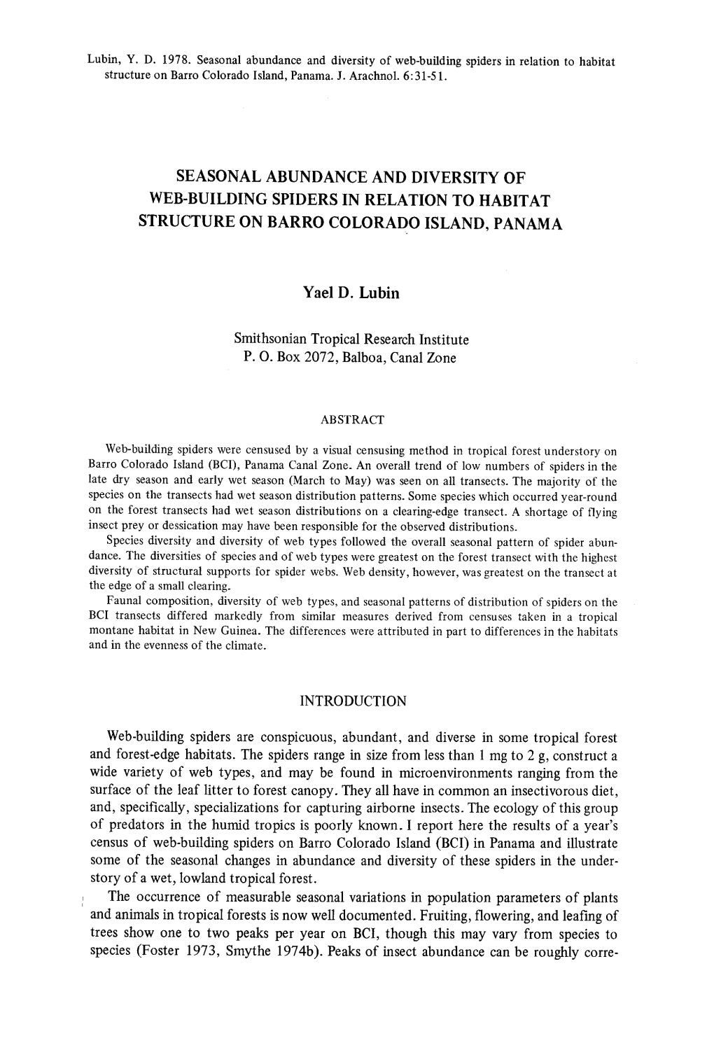 Seasonal Abundance and Diversity O F Web-Building Spiders in Relation to Habita T Structure on Barro Colorado Island, Panama