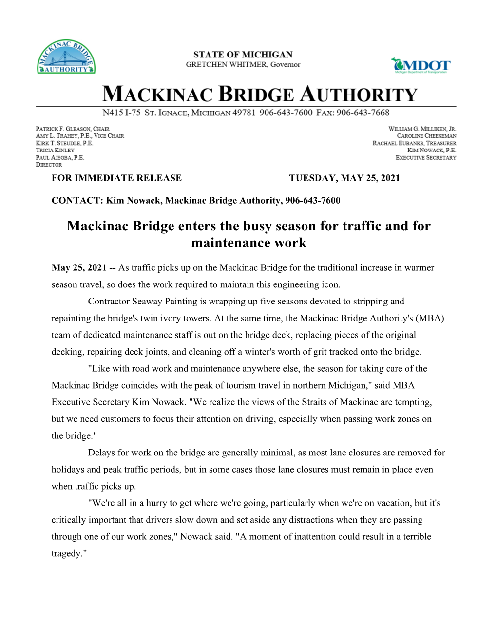 Mackinac Bridge Enters the Busy Season for Traffic and for Maintenance Work
