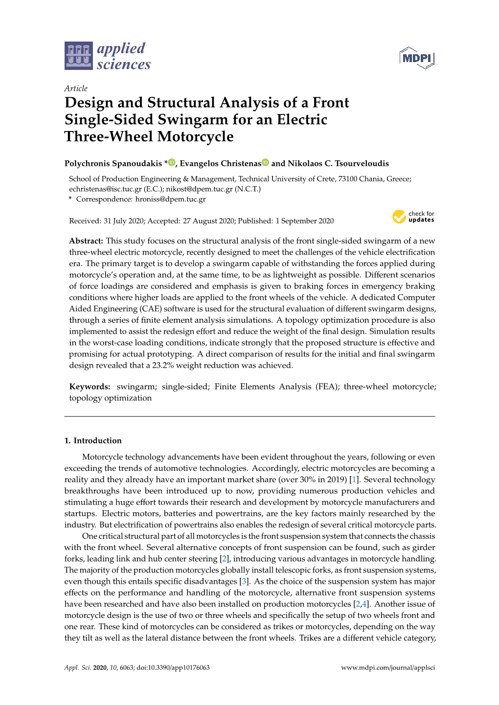 Design and Structural Analysis of a Front Single-Sided Swingarm for an Electric Three-Wheel Motorcycle