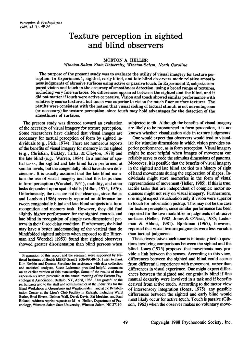 Texture Perception in Sighted and Blind Observers