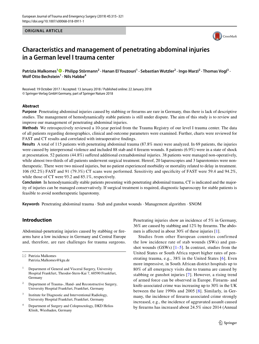 Characteristics and Management of Penetrating Abdominal Injuries in a German Level I Trauma Center