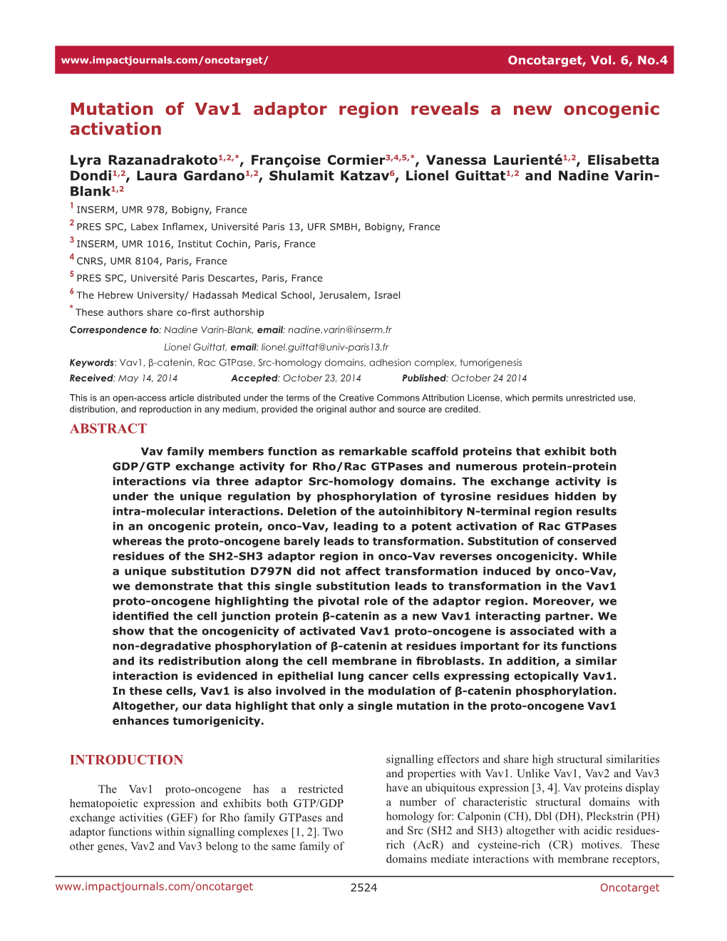 Mutation of Vav1 Adaptor Region Reveals a New Oncogenic Activation