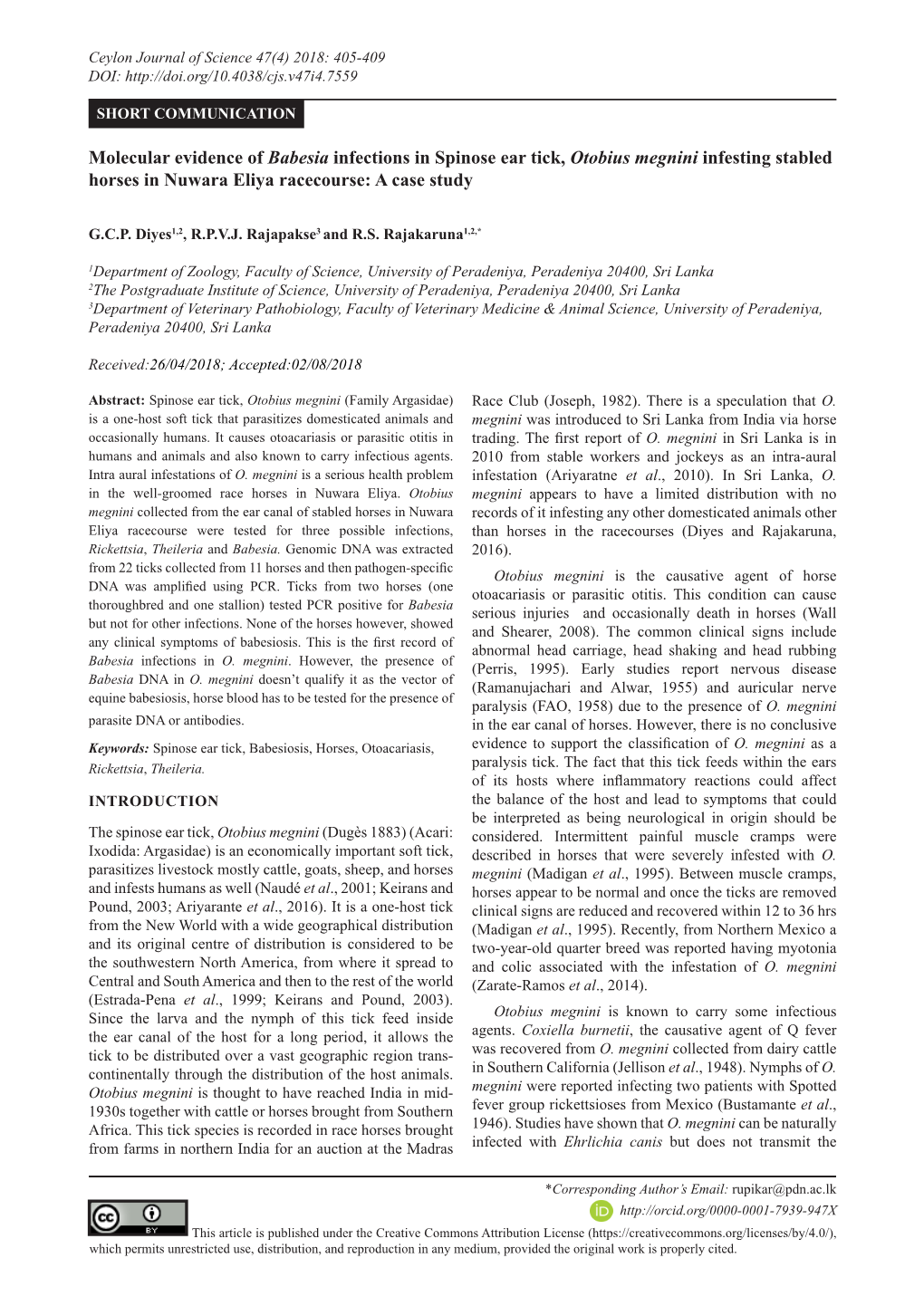 Molecular Evidence of Babesia Infections in Spinose Ear Tick, Otobius Megnini Infesting Stabled Horses in Nuwara Eliya Racecourse: a Case Study