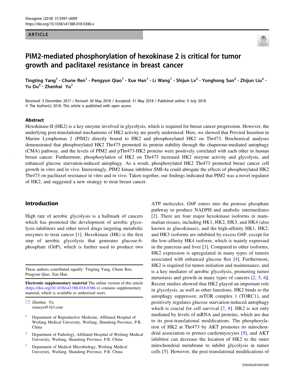 PIM2-Mediated Phosphorylation of Hexokinase 2 Is Critical for Tumor Growth and Paclitaxel Resistance in Breast Cancer