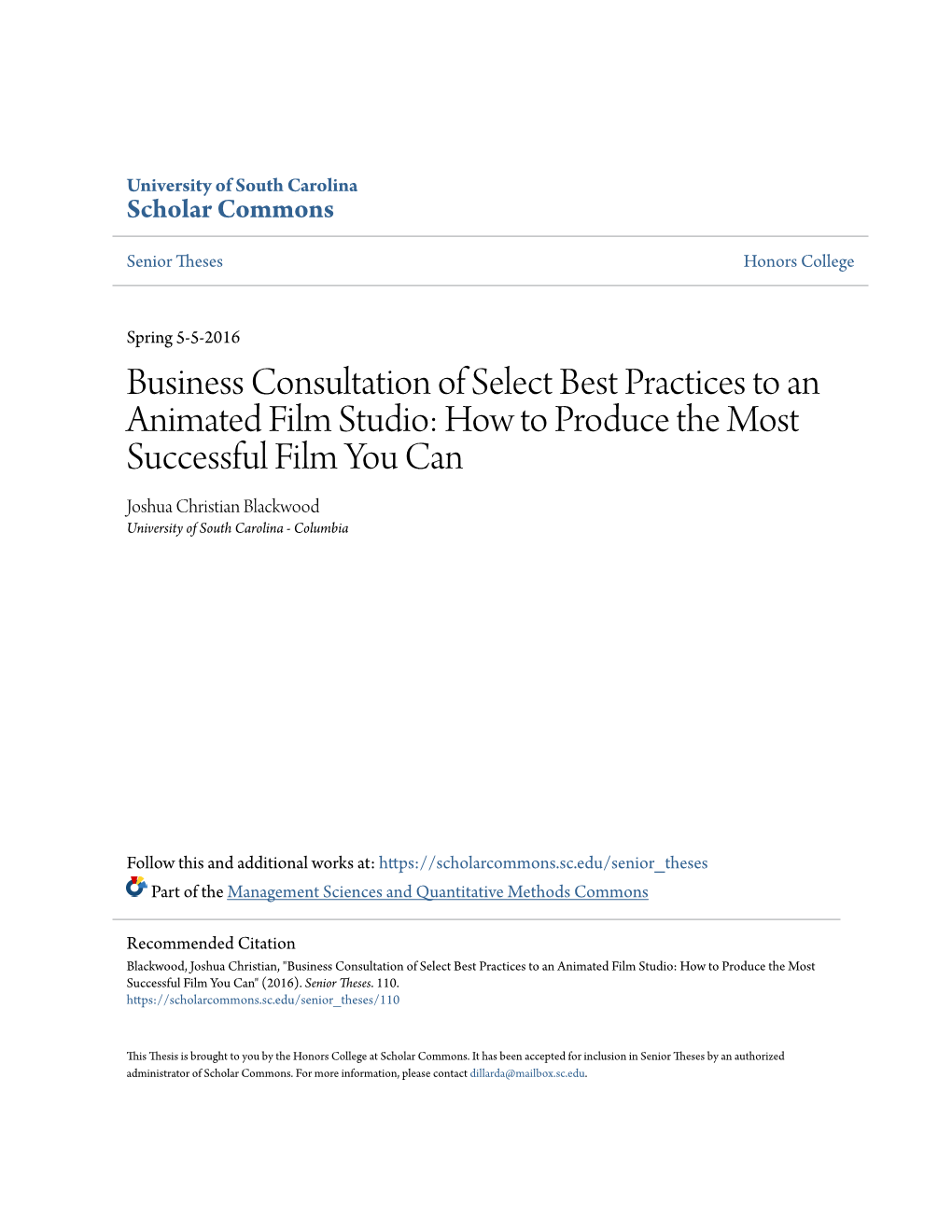 Business Consultation of Select Best Practices to an Animated Film Studio