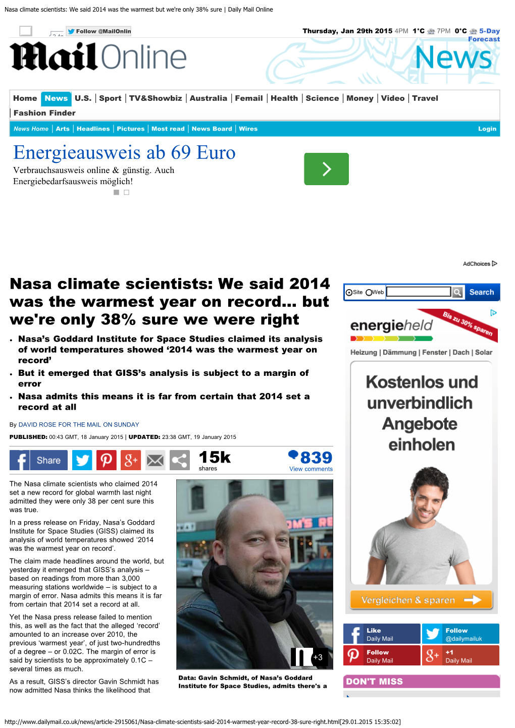 Nasa Climate Scientists: We Said 2014 Was the Warmest but We're Only 38% Sure | Daily Mail Online
