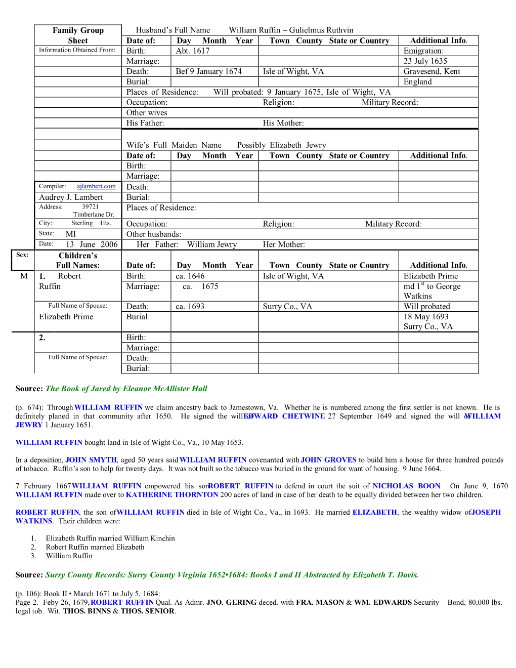 Family Group Husband's Full Name William Ruffin – Gulielmus Ruthvin