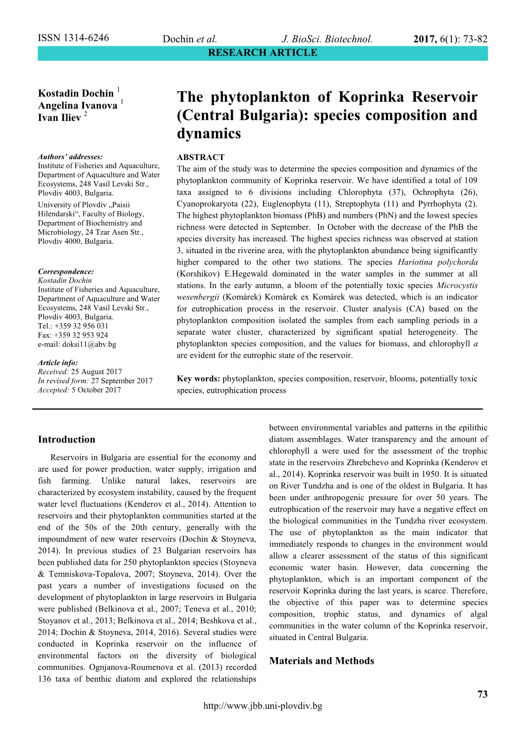 The Phytoplankton of Koprinka Reservoir (Central Bulgaria