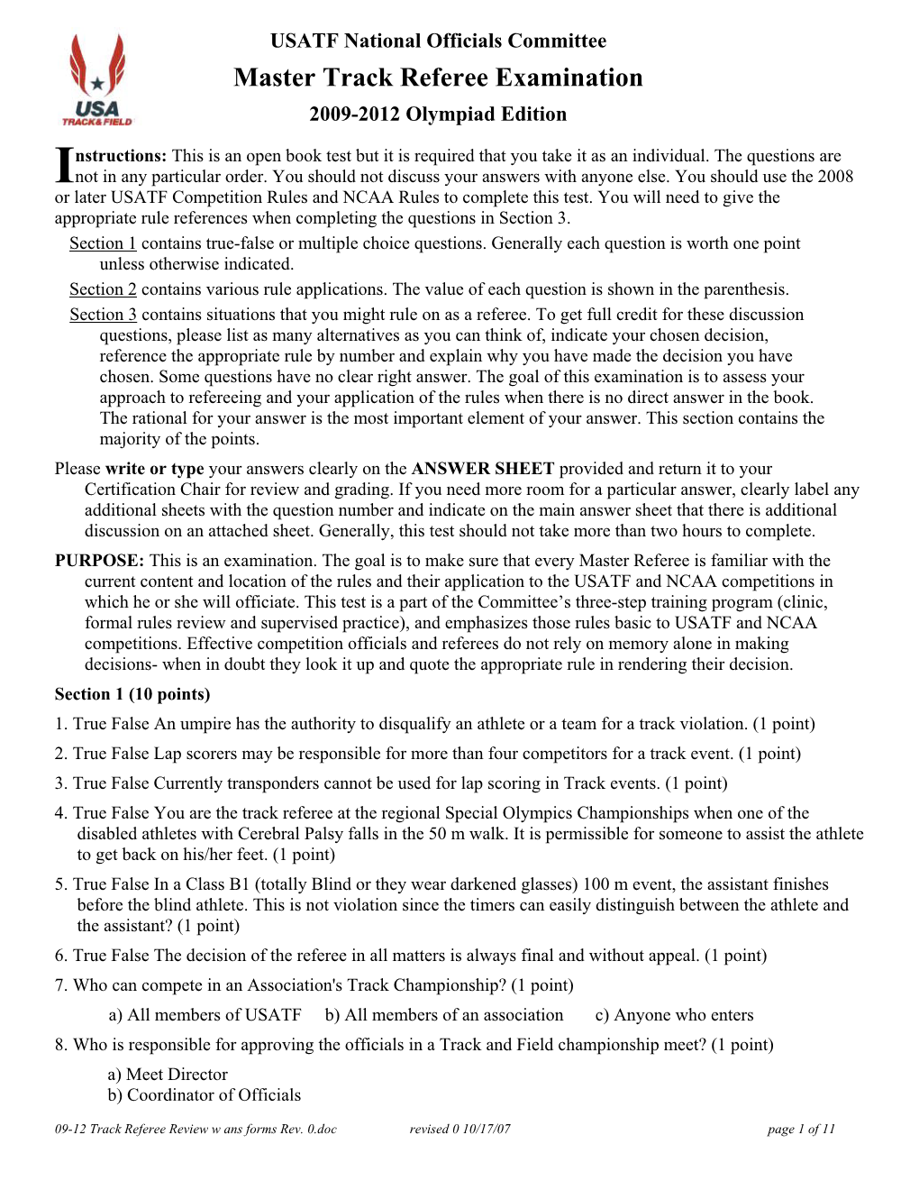 Master Track Referee Examination 2009-2012 Olympiad Edition