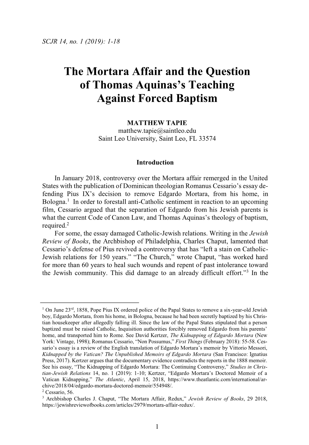 The Mortara Affair and the Question of Thomas Aquinas's Teaching