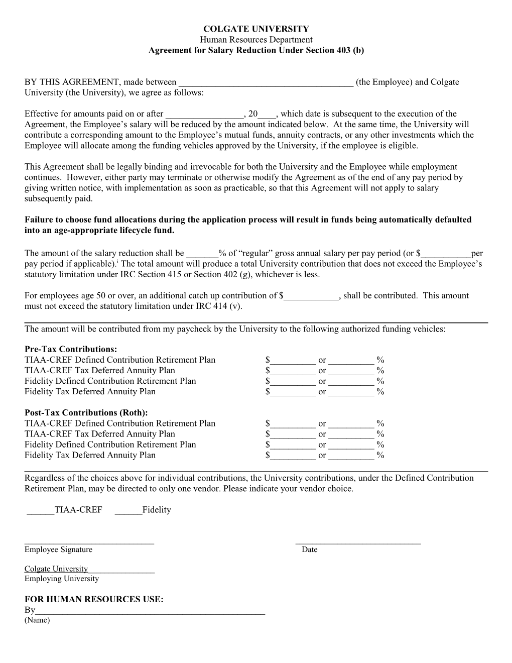 Agreement for Salary Reduction Under Section 403 (B)