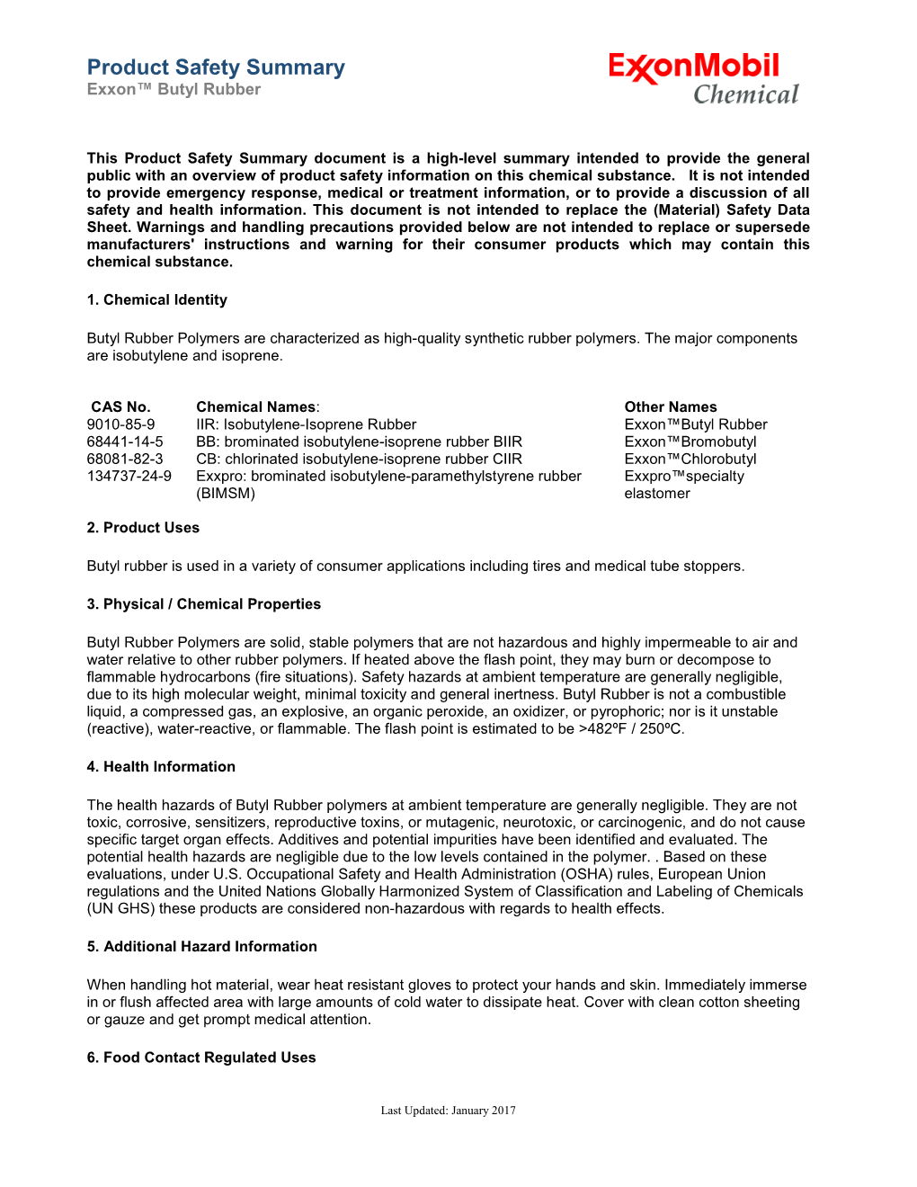 Butyl Rubber Product Safety Summary