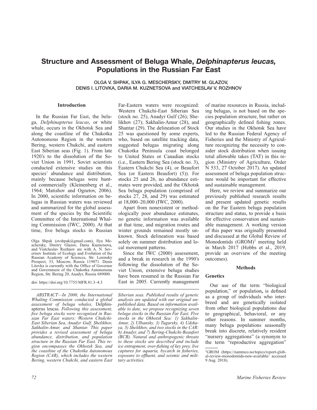 Structure and Assessment of Beluga Whale, Delphinapterus Leucas, Populations in the Russian Far East