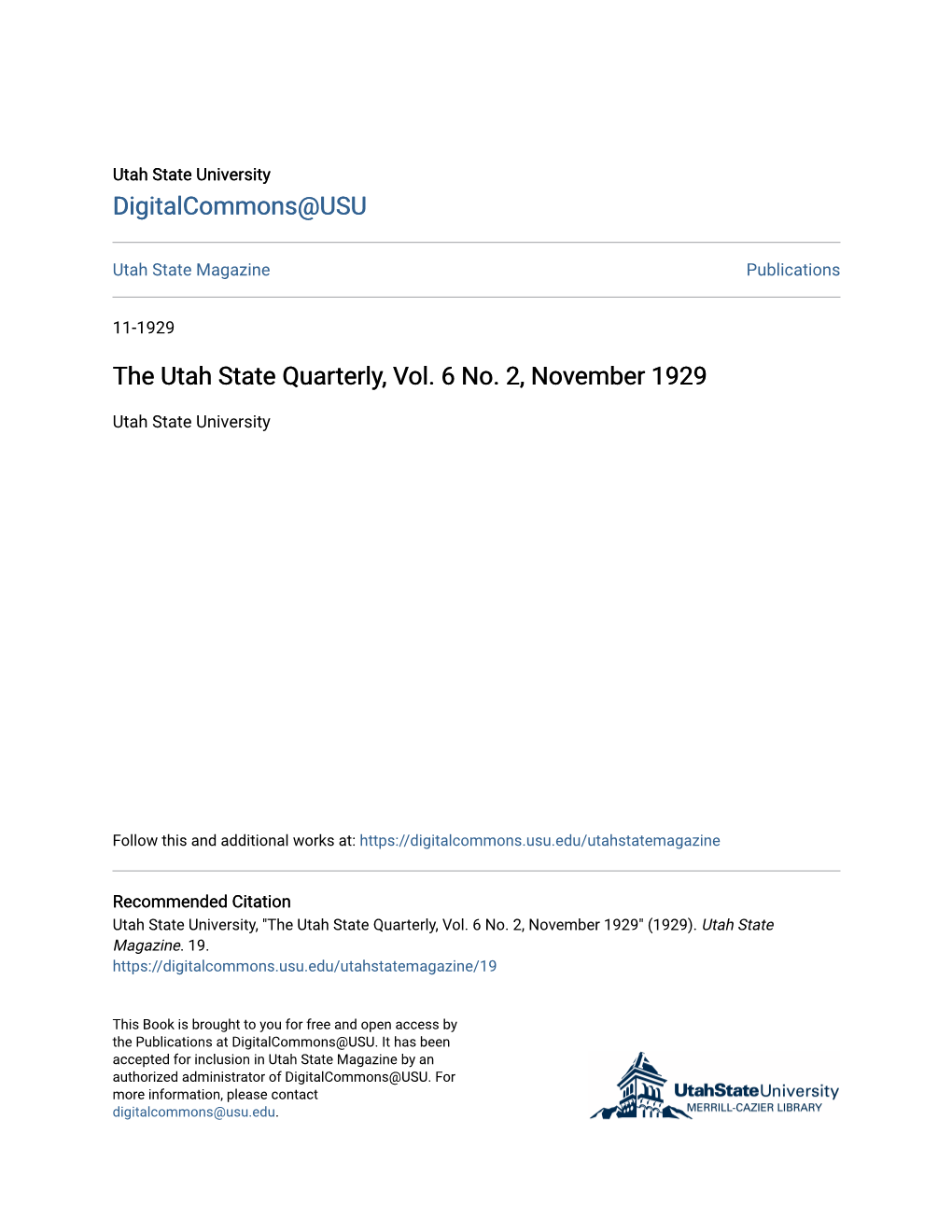 The Utah State Quarterly, Vol. 6 No. 2, November 1929