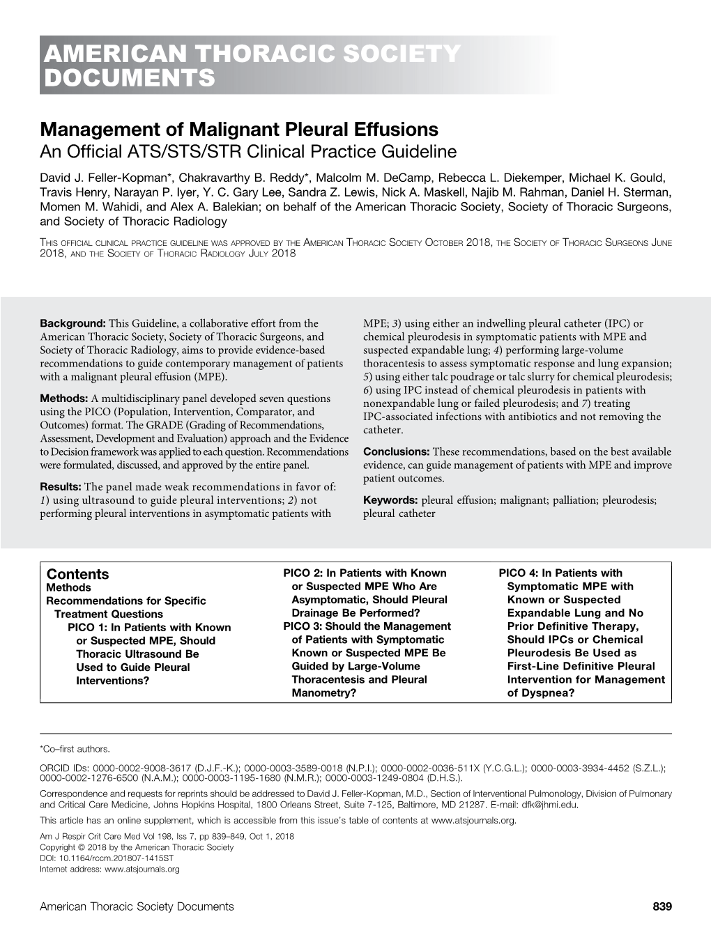 Management of Malignant Pleural Effusions an Ofﬁcial ATS/STS/STR Clinical Practice Guideline David J