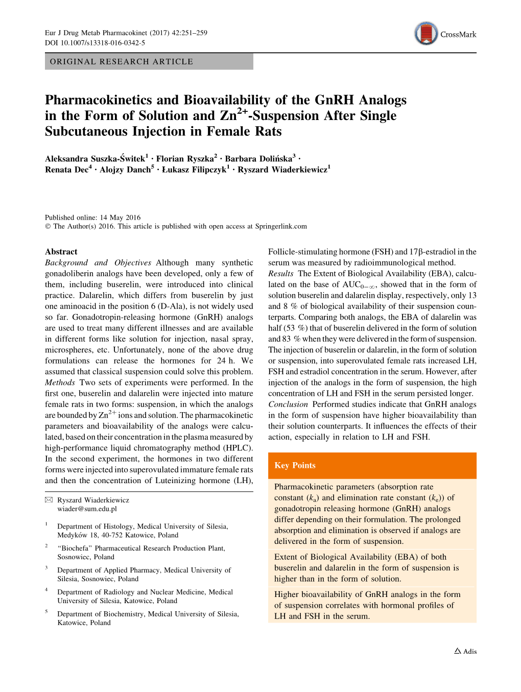 Pharmacokinetics and Bioavailability of the Gnrh Analogs in the Form of Solution and Zn2+-Suspension After Single Subcutaneous Injection in Female Rats