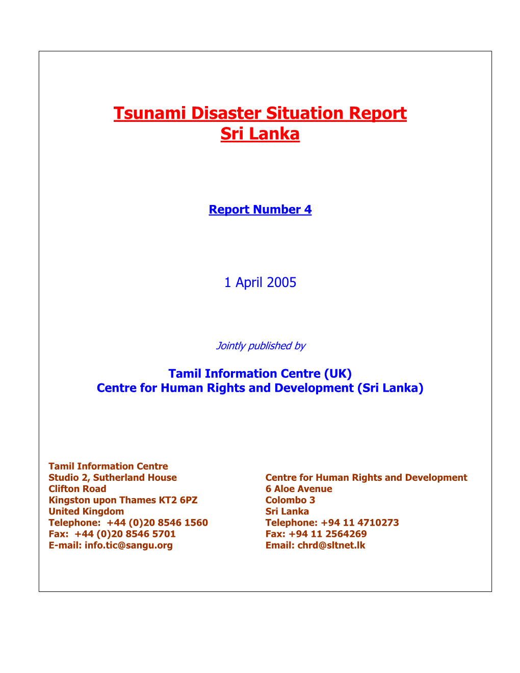Tsunami Disaster Situation Report Sri Lanka Report Number 4