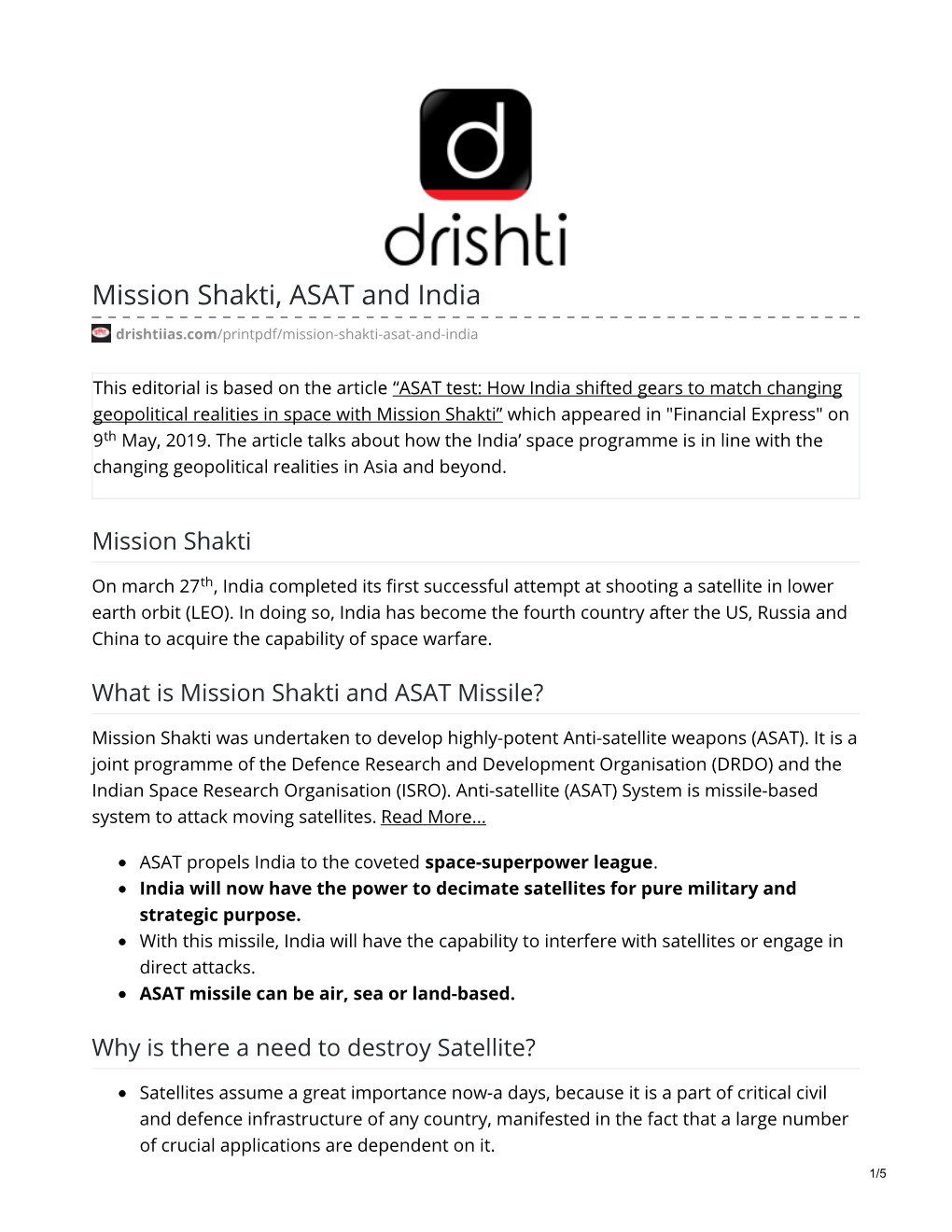 Mission Shakti, ASAT and India