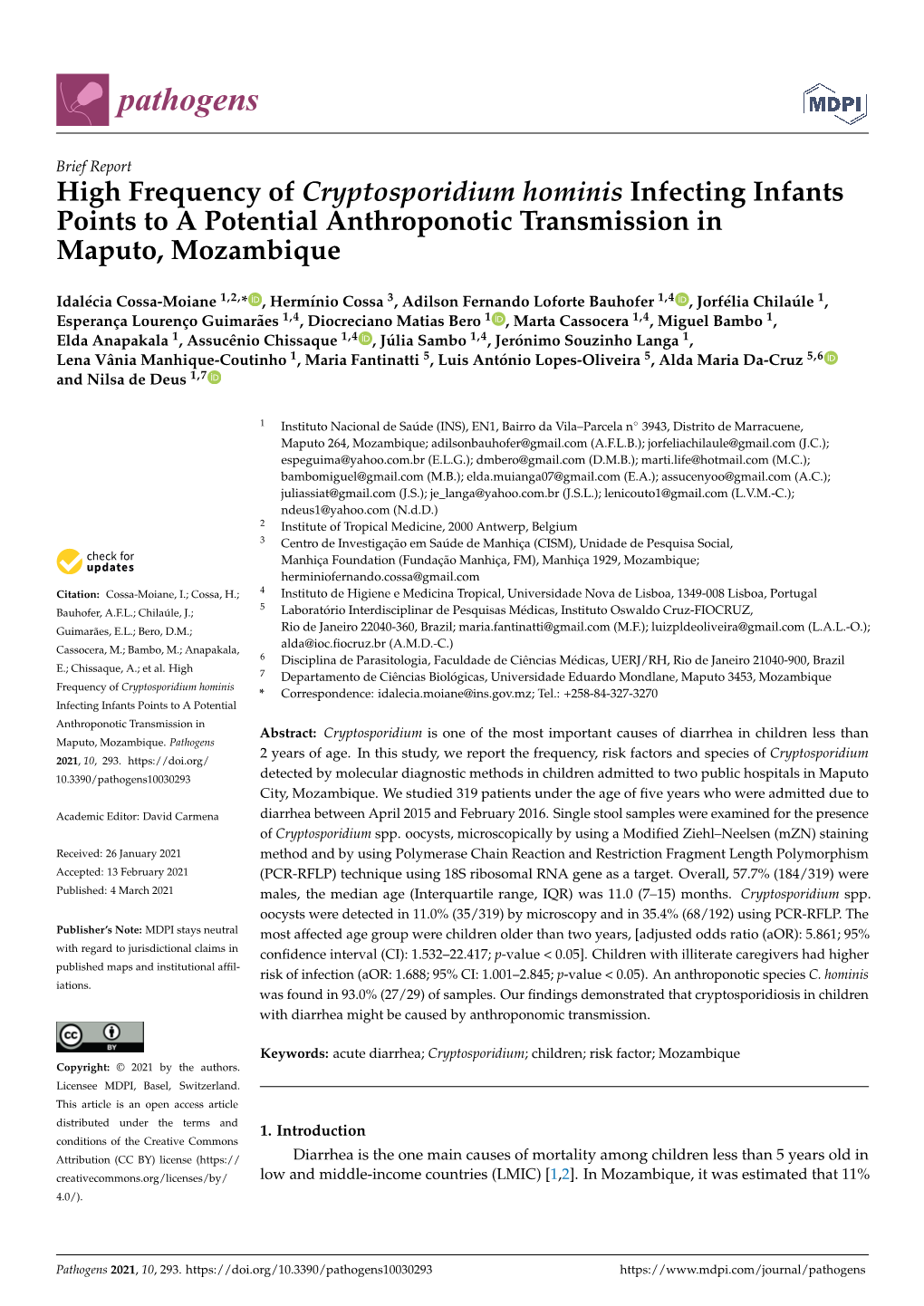 High Frequency of Cryptosporidium Hominis Infecting Infants Points to a Potential Anthroponotic Transmission in Maputo, Mozambique