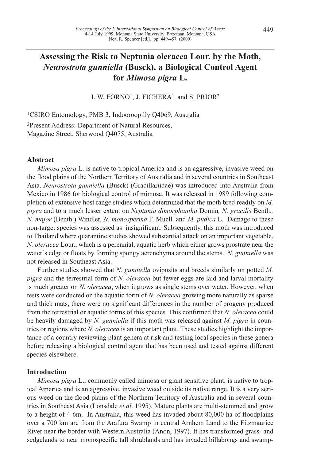 Assessing the Risk to Neptunia Oleracea Lour. by the Moth, Neurostrota Gunniella (Busck), a Biological Control Agent for Mimosa Pigra L