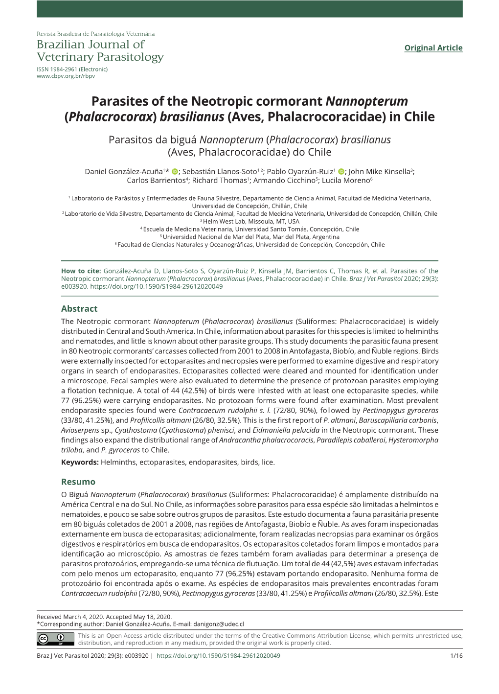 Parasites of the Neotropic Cormorant Nannopterum (Phalacrocorax) Brasilianus (Aves, Phalacrocoracidae) in Chile