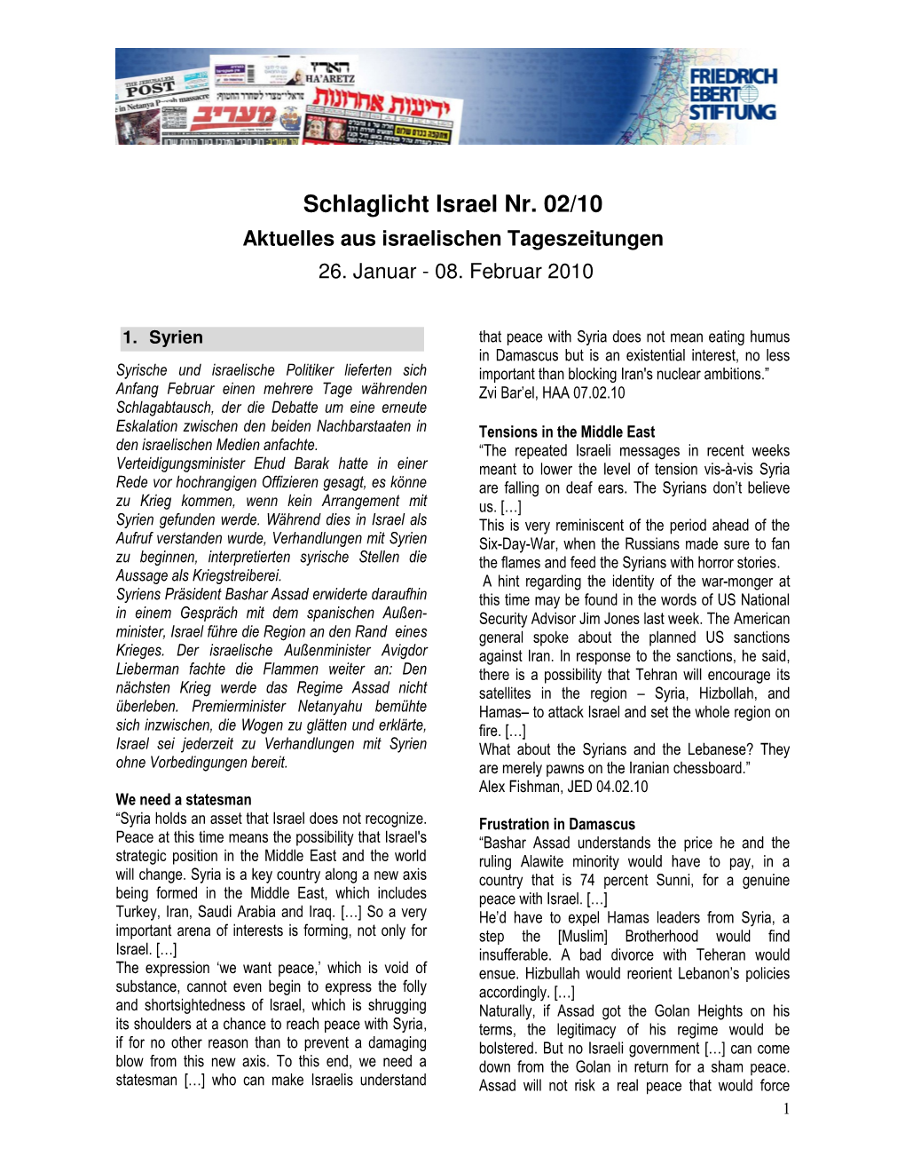 Schlaglicht Israel Nr. 02/10 Aktuelles Aus Israelischen Tageszeitungen 26