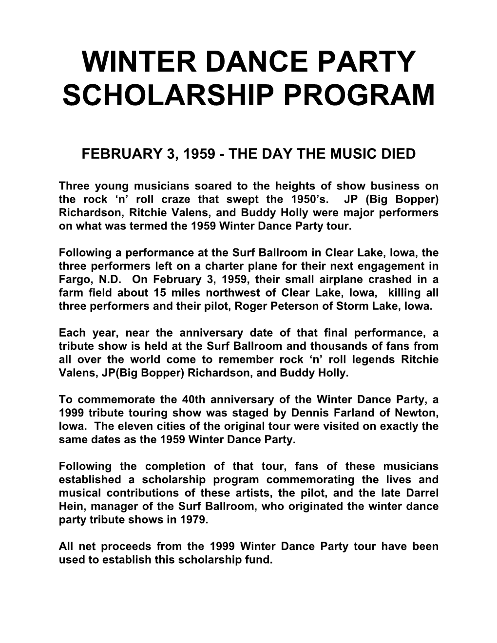 Winter Dance Party Scholarship Program