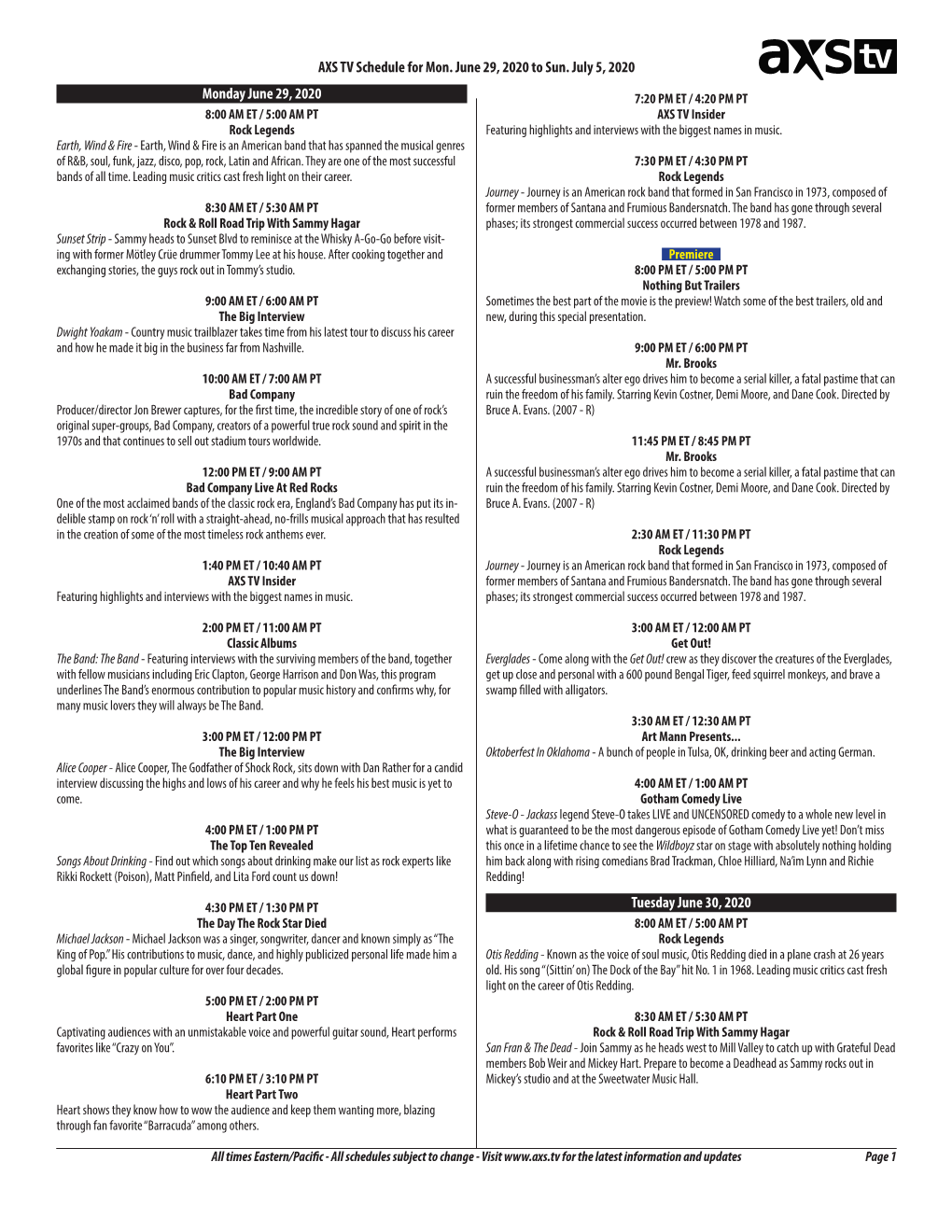 AXS TV Schedule for Mon. June 29, 2020 to Sun. July 5, 2020 Monday