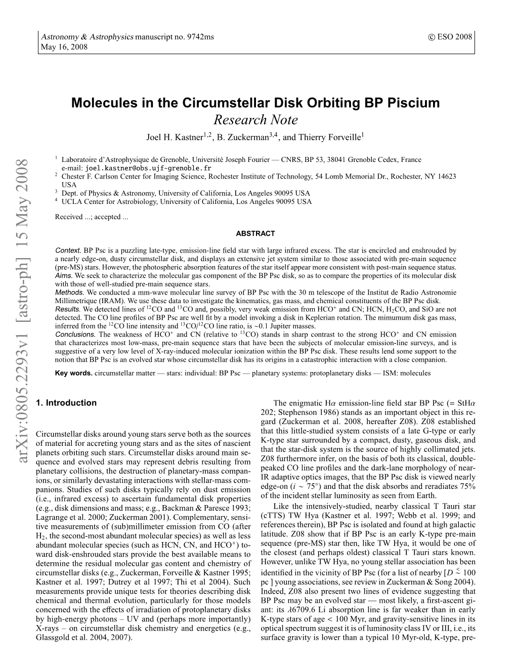 Arxiv:0805.2293V1 [Astro-Ph] 15 May 2008 Iemaueet F(U)Ilmtreiso Rmc (Aft CO from Emission H (Sub)Millimeter of Sens Complementary, Measurements 2001)