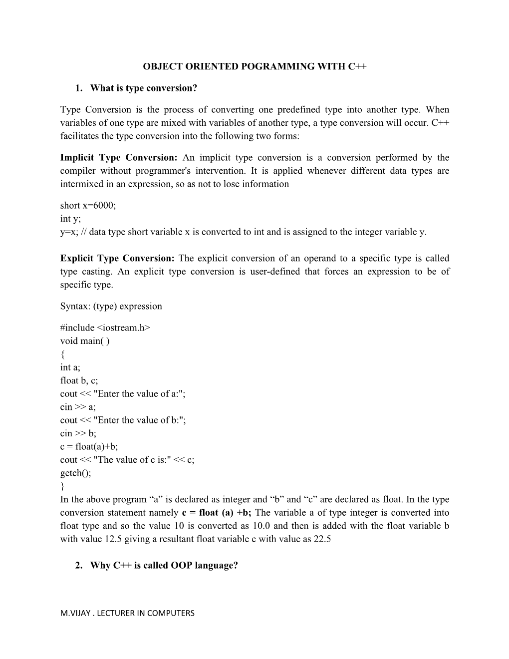 Object Oriented Pogramming with C++